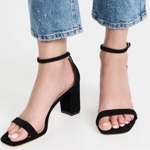 Stuart Weitzman Ankle Strap Block Heel Sandals Sz 8  Black Suede